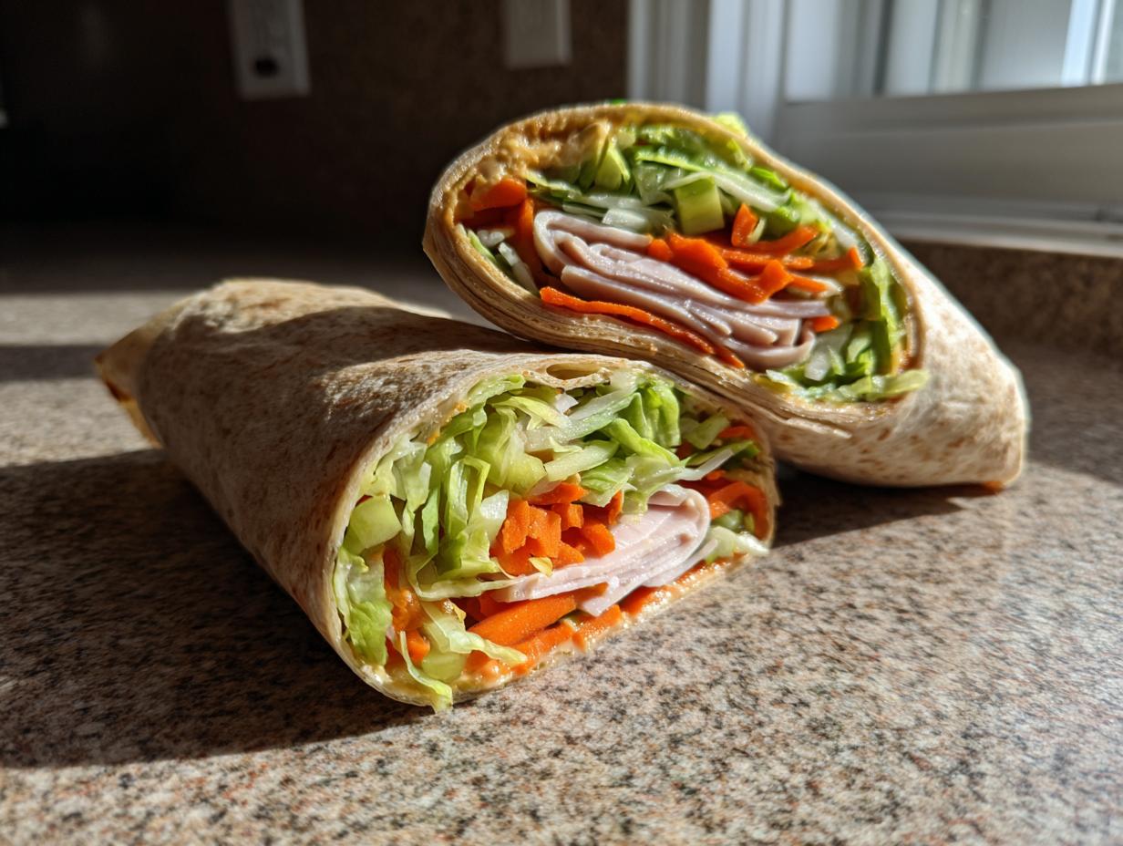 A whole and a halved turkey wrap filled with lettuce, shredded carrots, and turkey slices, showcasing healthy lunch ideas.