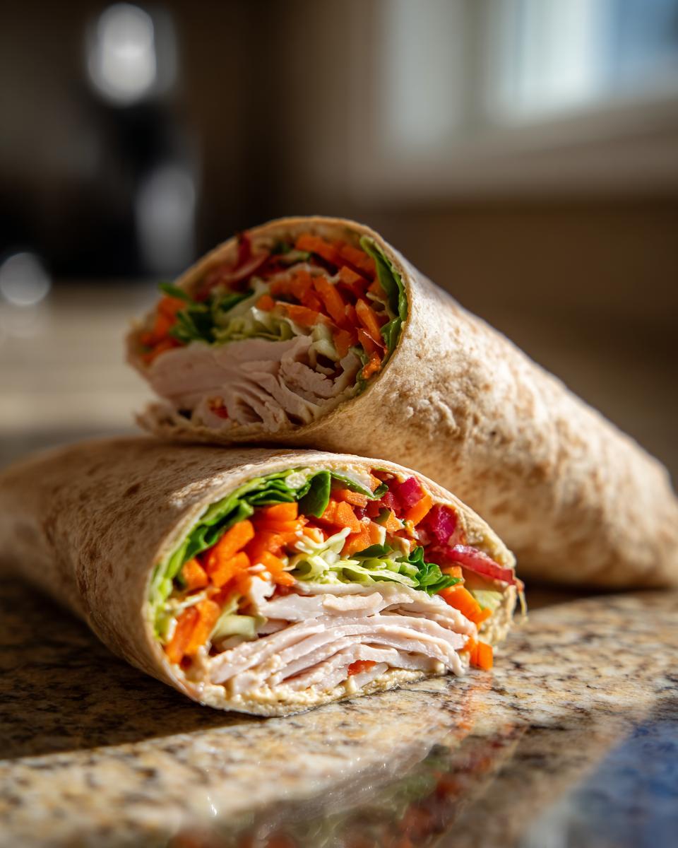 Close-up of two halves of a healthy turkey wrap filled with sliced turkey, shredded carrots, lettuce, and other crunchy veggies.