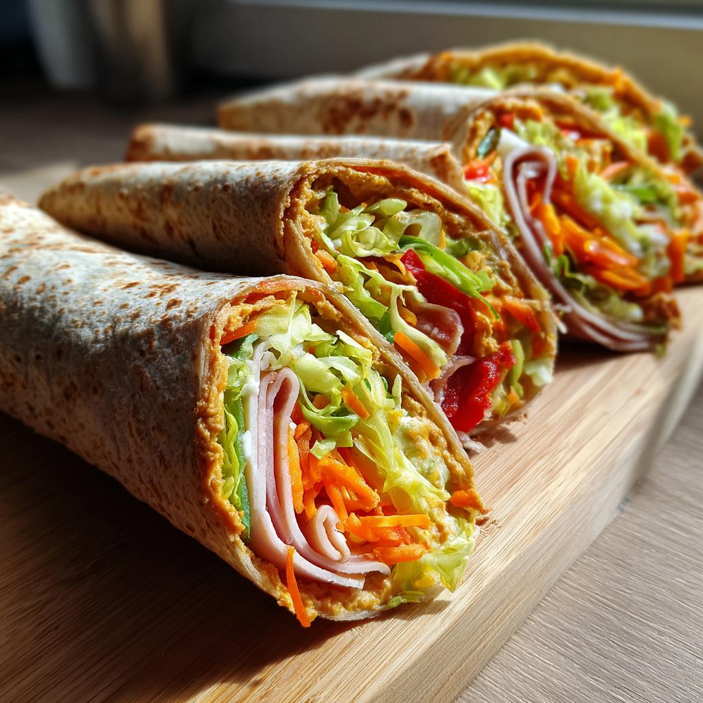 Close-up of healthy turkey wraps filled with shredded lettuce, carrots, and ham on a wooden board.