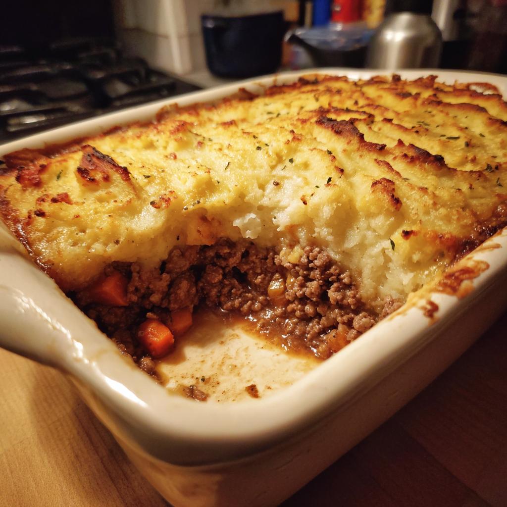 A close-up of a hearty Shepherd's Pie made with ground beef and topped with mashed potatoes.