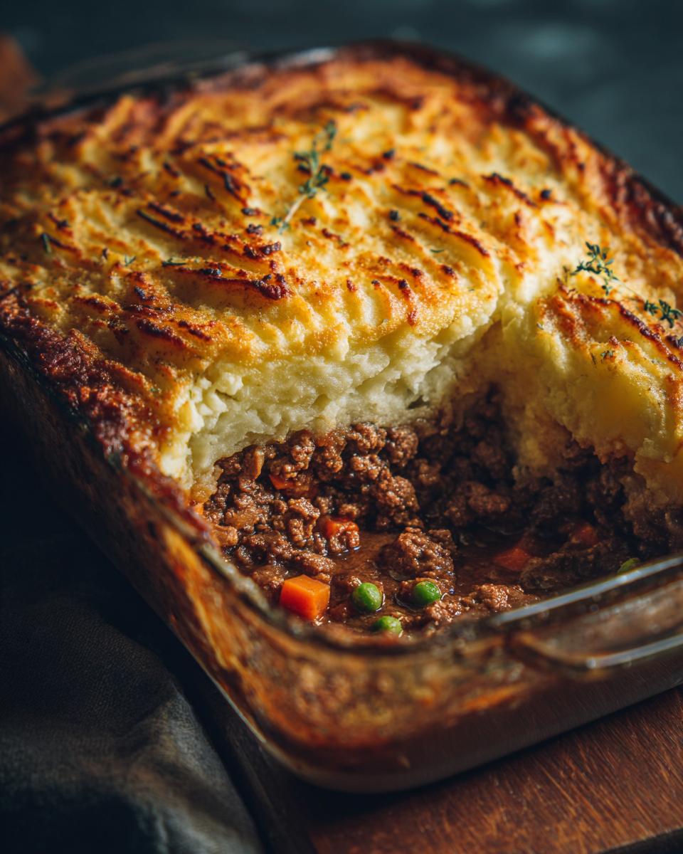 A close-up of a rich and hearty shepherd's pie made with ground beef and topped with mashed potatoes.