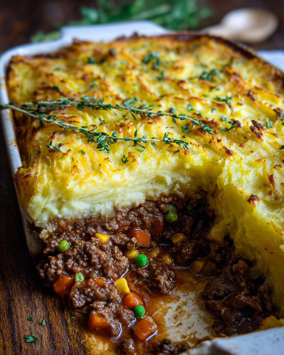 A close-up of a hearty Shepherd's Pie, featuring a rich ground beef and vegetable filling topped with fluffy mashed potatoes.