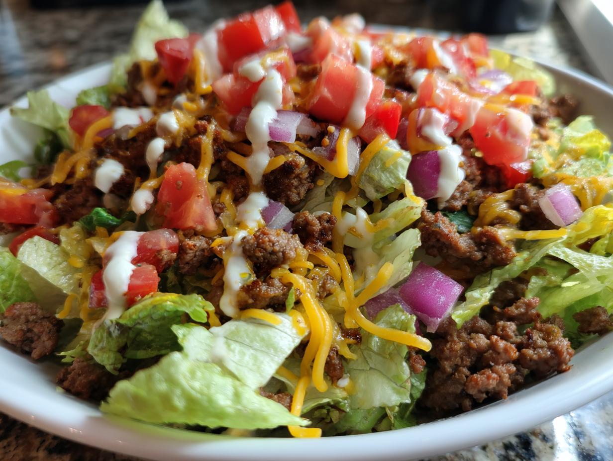 A close-up of a High-Protein Cheeseburger Bowl featuring seasoned ground beef, shredded lettuce, diced tomatoes, red onion, and shredded cheese with a drizzle of sauce.