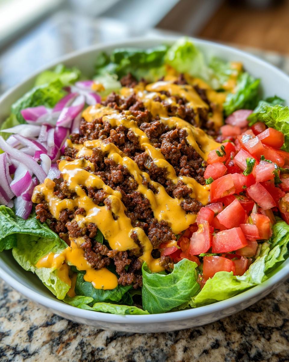 A delicious High-Protein Cheeseburger Bowl filled with seasoned ground beef, lettuce, diced tomatoes, red onion, and drizzled with cheese sauce.