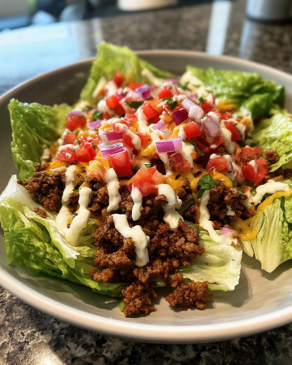 A delicious High-Protein Cheeseburger Bowl with seasoned ground beef, lettuce, tomatoes, red onions, cheese, and a drizzle of sauce.