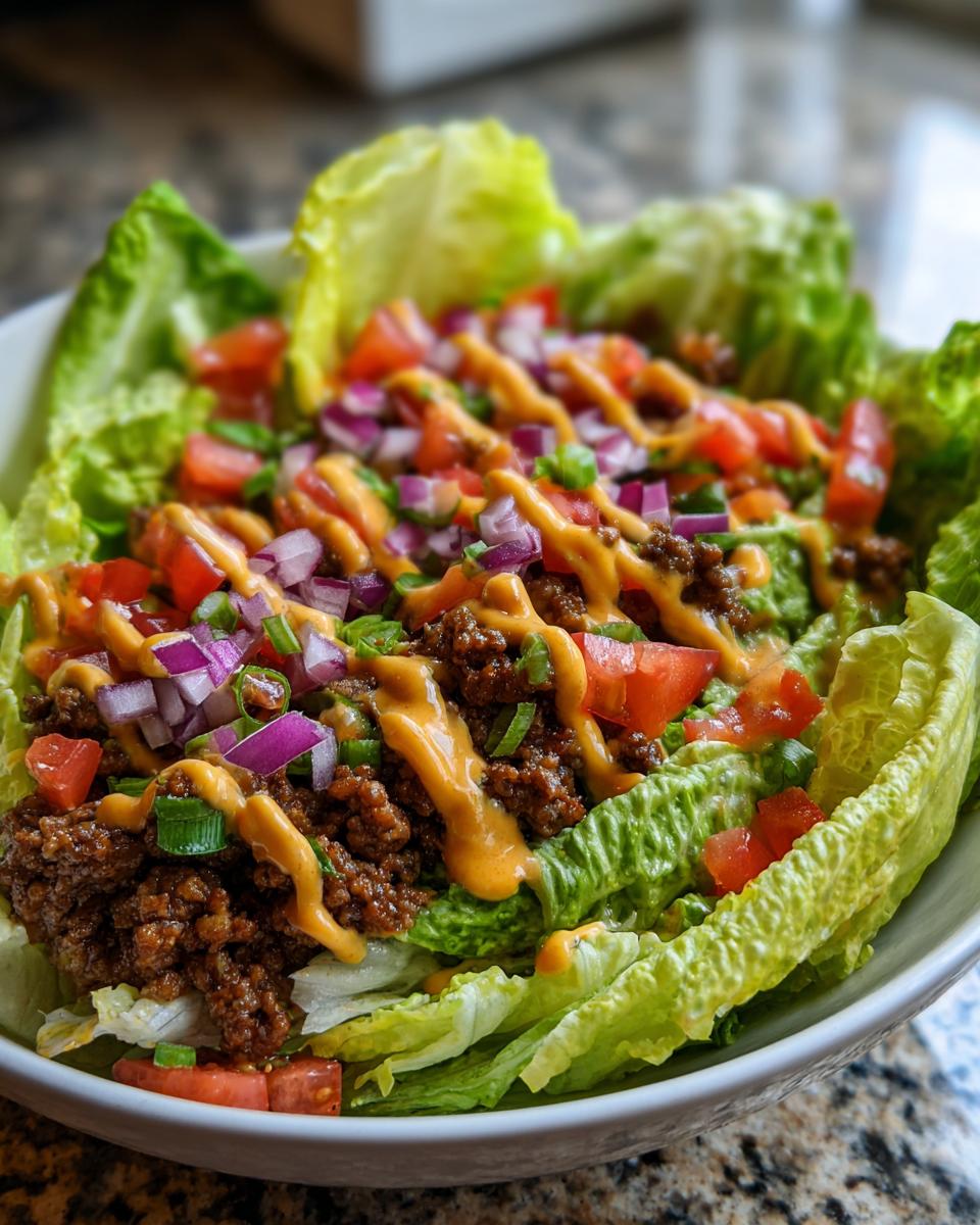 A vibrant High-Protein Cheeseburger Bowl featuring seasoned ground beef, fresh lettuce, diced tomatoes, red onion, and a drizzle of sauce.