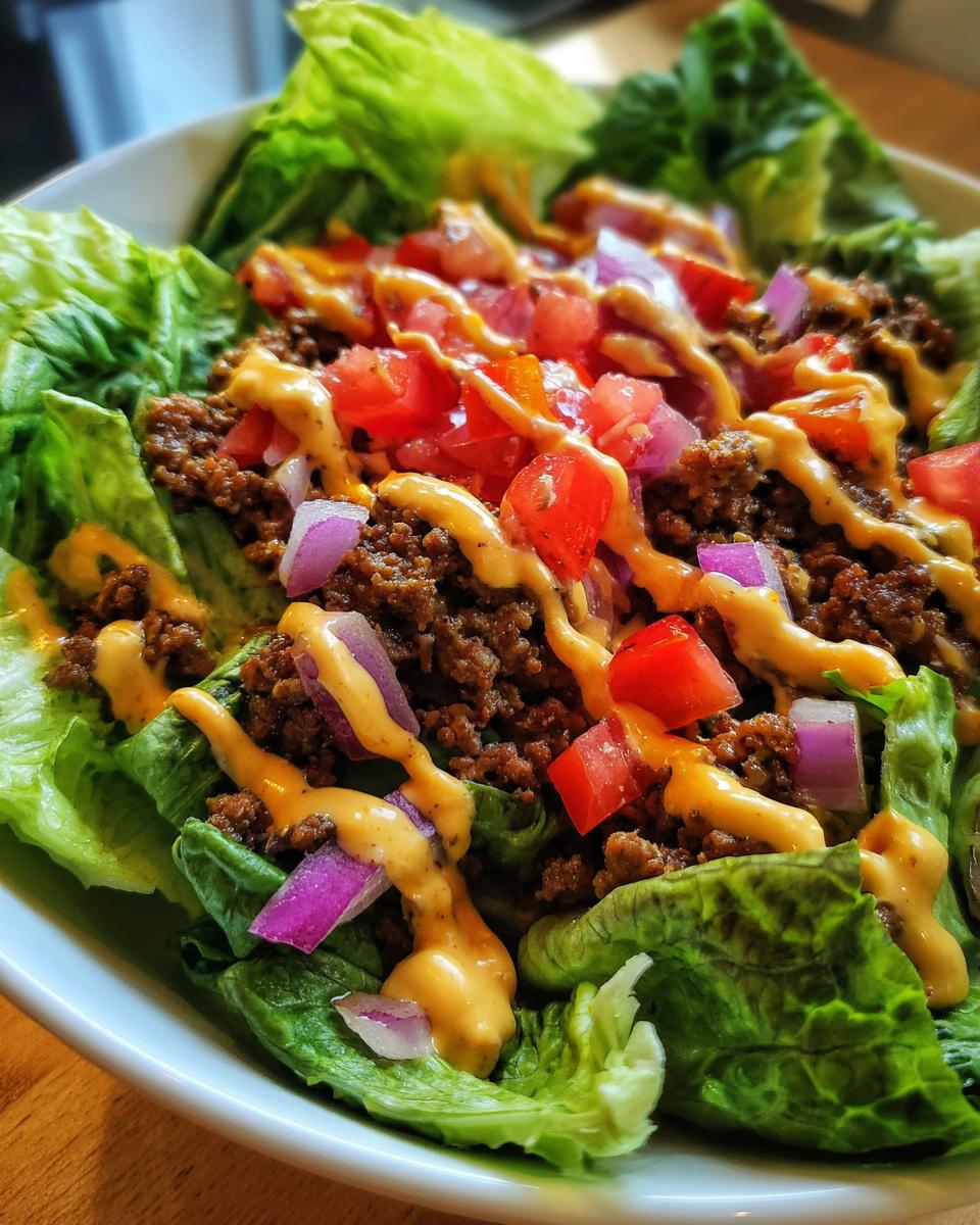 A delicious High-Protein Cheeseburger Bowl with seasoned ground beef, fresh lettuce, tomatoes, onions, and a drizzle of cheese sauce.