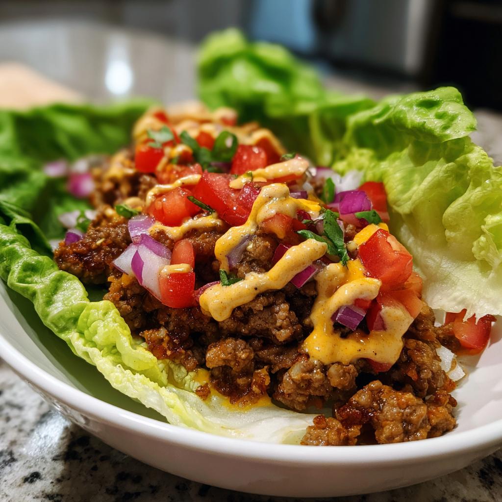 Close-up of a High-Protein Cheeseburger Bowl served in crisp lettuce cups, topped with tomatoes, onions, and a creamy sauce.