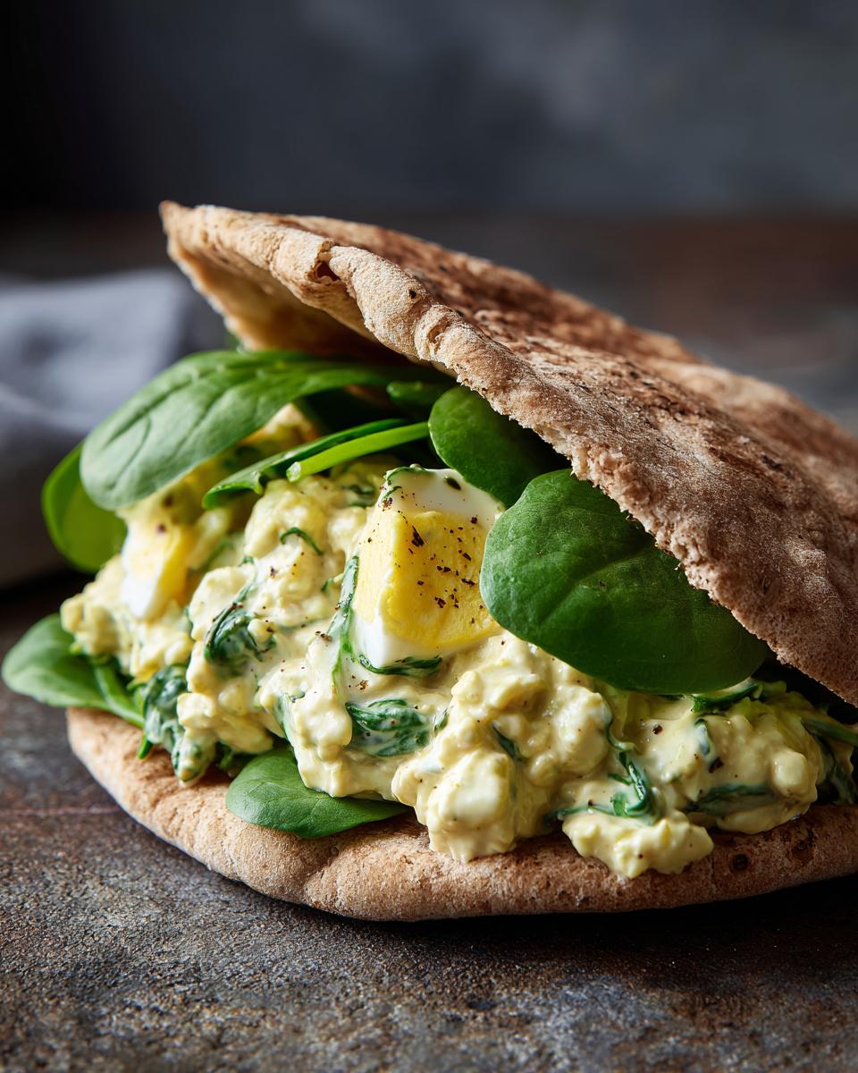 A whole wheat pita pocket stuffed with creamy egg salad and fresh spinach, a perfect healthy lunch idea.