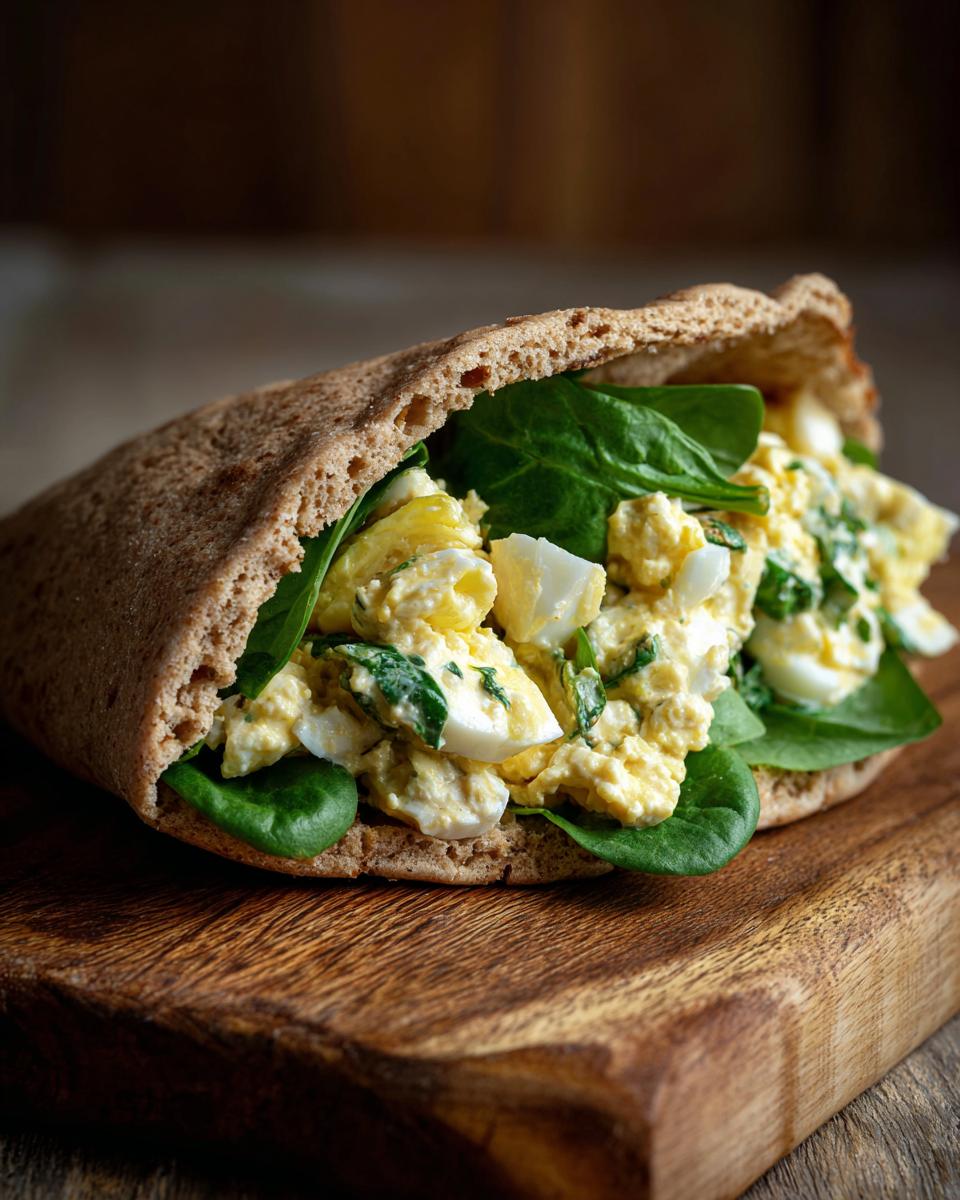 A whole wheat pita stuffed with creamy egg salad and fresh spinach, a healthy lunch idea.