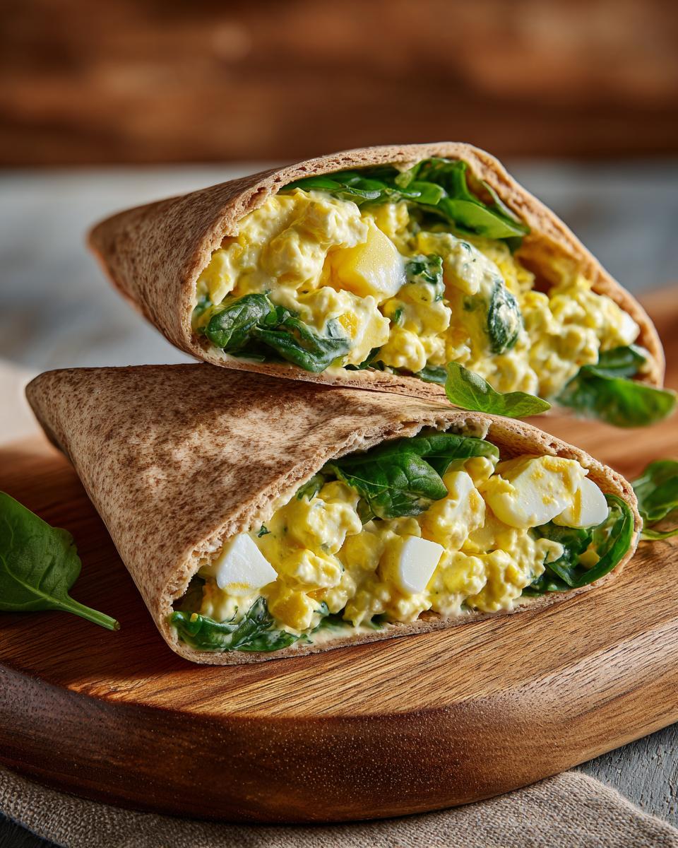 Two halves of a whole wheat pita stuffed with creamy egg salad and fresh spinach, part of healthy lunch ideas.