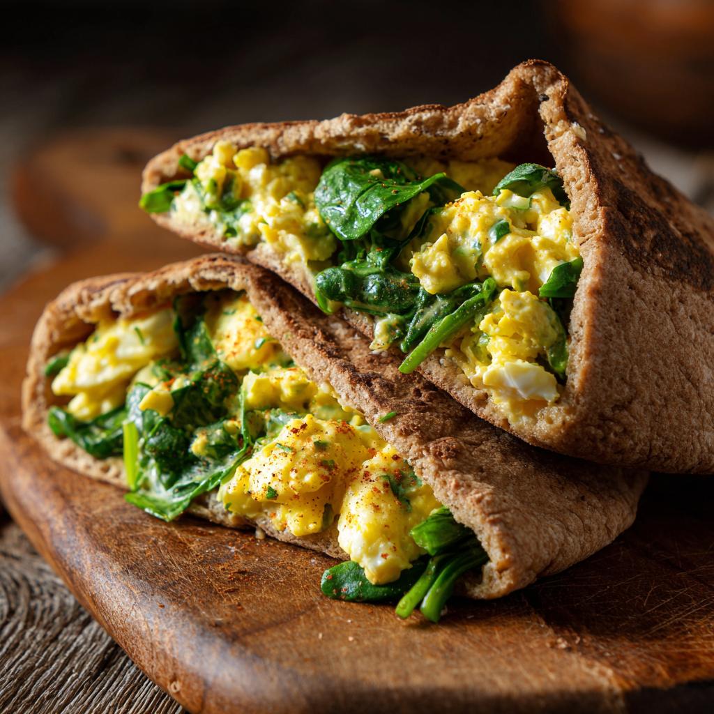 Two whole wheat pitas stuffed with creamy egg salad and fresh spinach, a perfect high protein lunch.
