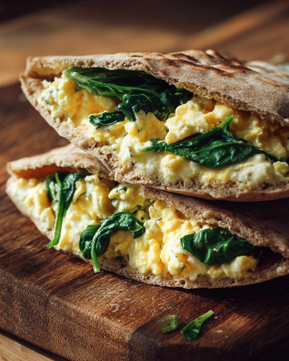 Close-up of two halves of a whole wheat pita stuffed with fluffy scrambled eggs and fresh spinach. Healthy lunch ideas for high protein egg salad stuffed pitas.