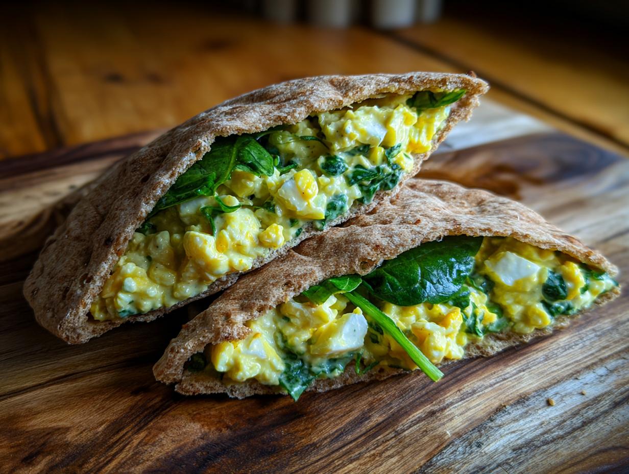Two halves of whole wheat pitas stuffed with creamy egg salad and fresh spinach, showcasing healthy lunch ideas.