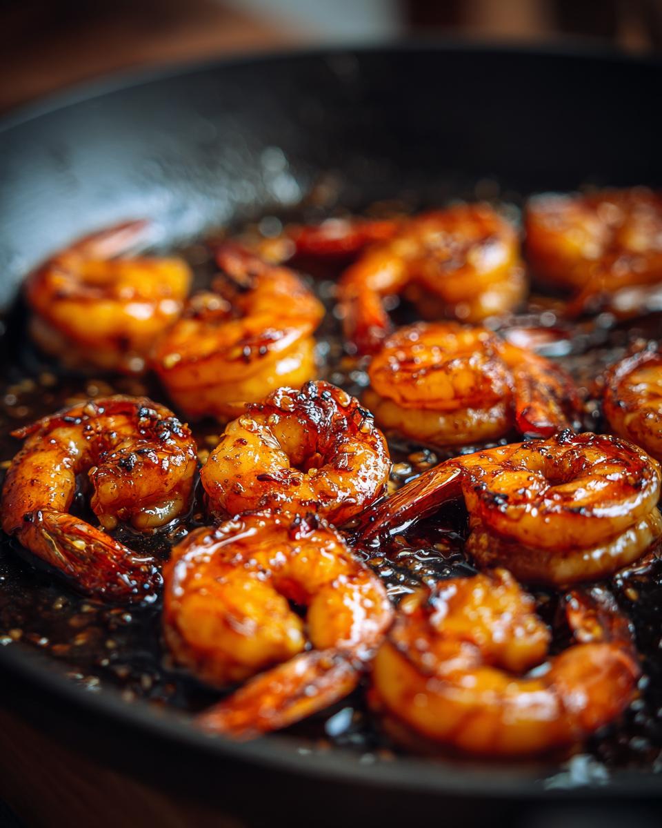 Close-up of juicy High-Protein Honey Garlic Shrimp sizzling in a dark pan with a glossy glaze.
