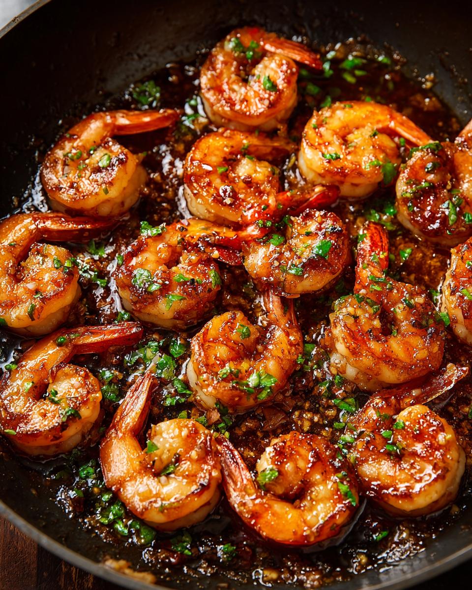 Close-up of juicy High-Protein Honey Garlic Shrimp sizzling in a dark, glossy sauce with chopped parsley.