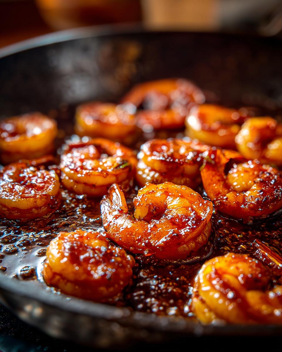 Close-up of juicy High-Protein Honey Garlic Shrimp sizzling in a pan with a glossy glaze.