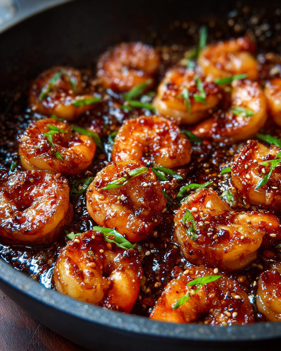 Close-up of glistening High-Protein Honey Garlic Shrimp cooked in a dark skillet, garnished with sesame seeds and green onions.