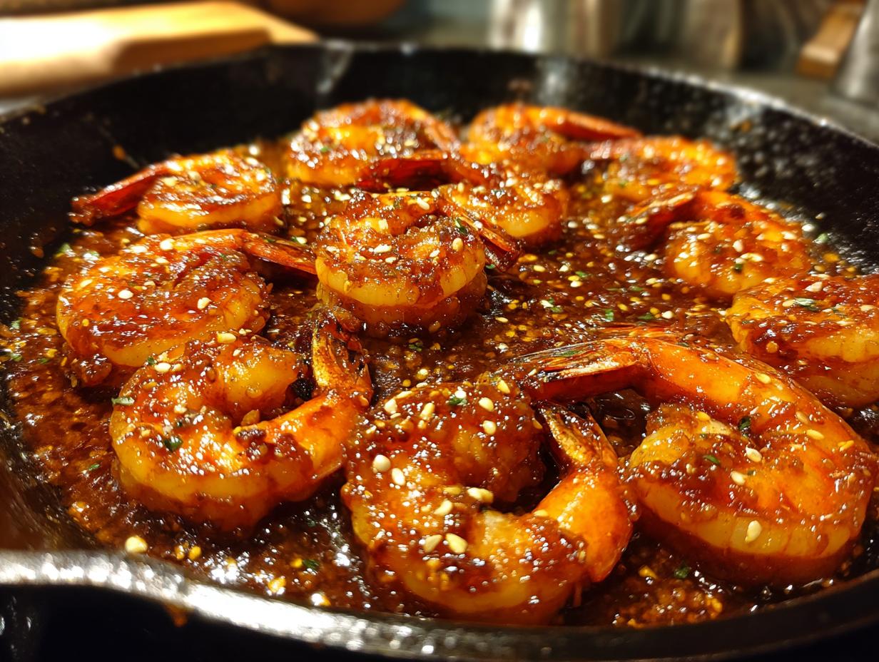 Close-up of glistening High-Protein Honey Garlic Shrimp cooked in a cast-iron skillet with sesame seeds and herbs.