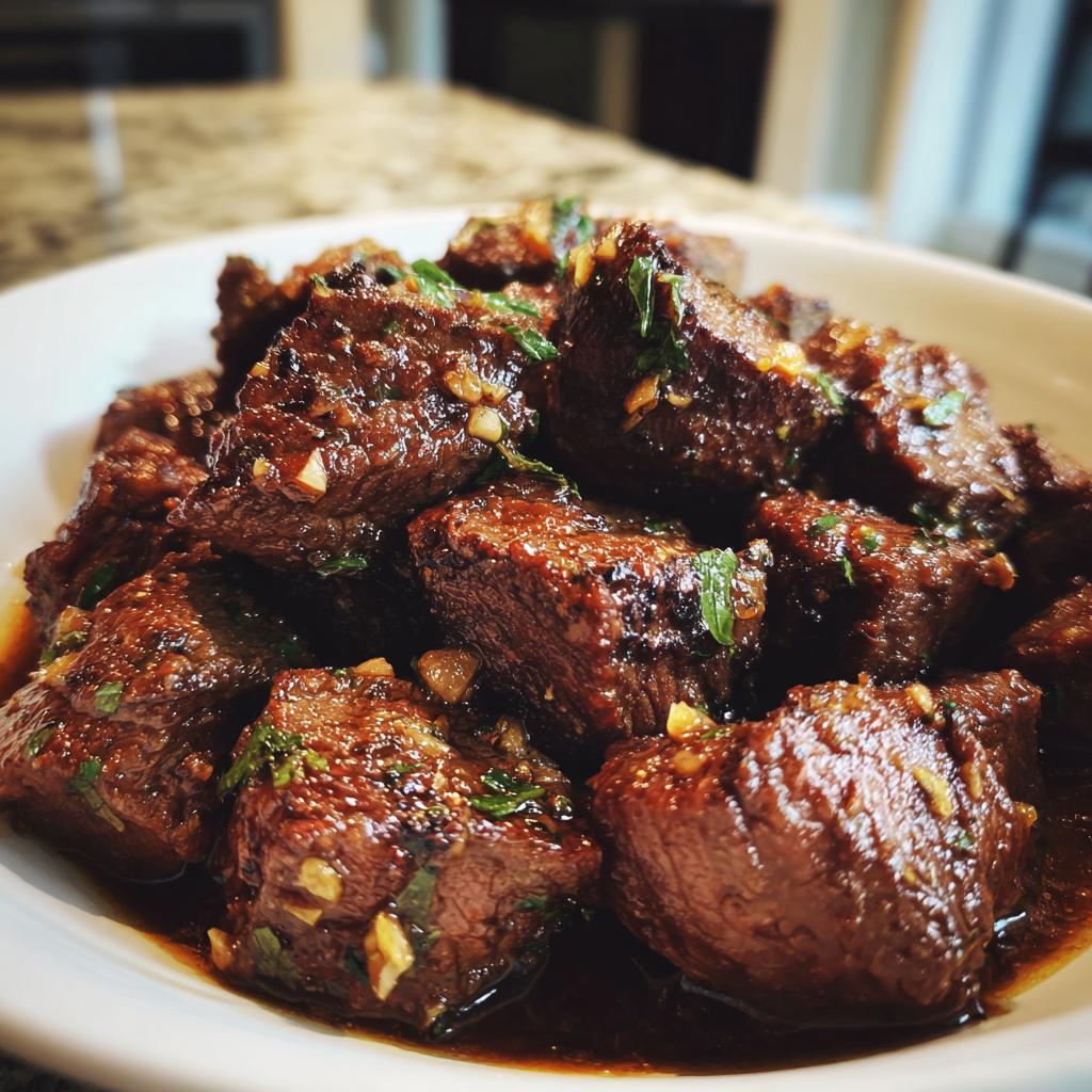 Close-up of tender High Protein Slow Cooker Garlic Butter Beef Bites in a white bowl, glistening with sauce and garnished with herbs.