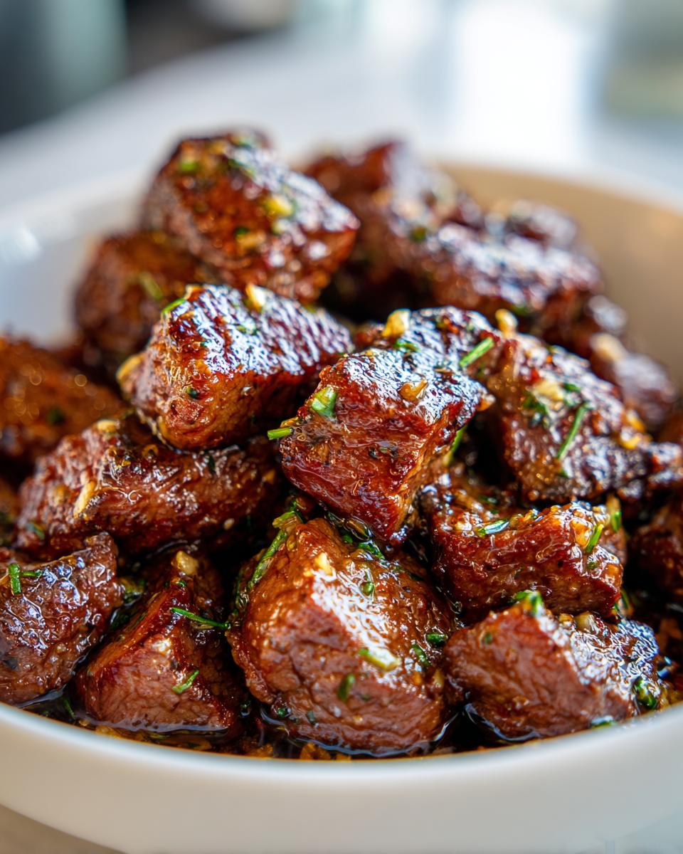 Close-up of tender High Protein Slow Cooker Garlic Butter Beef Bites coated in a glossy sauce with herbs.