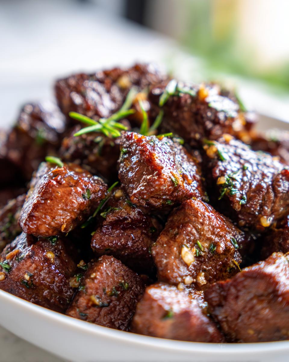 Close-up of tender High Protein Slow Cooker Garlic Butter Beef Bites, glistening with sauce and herbs.