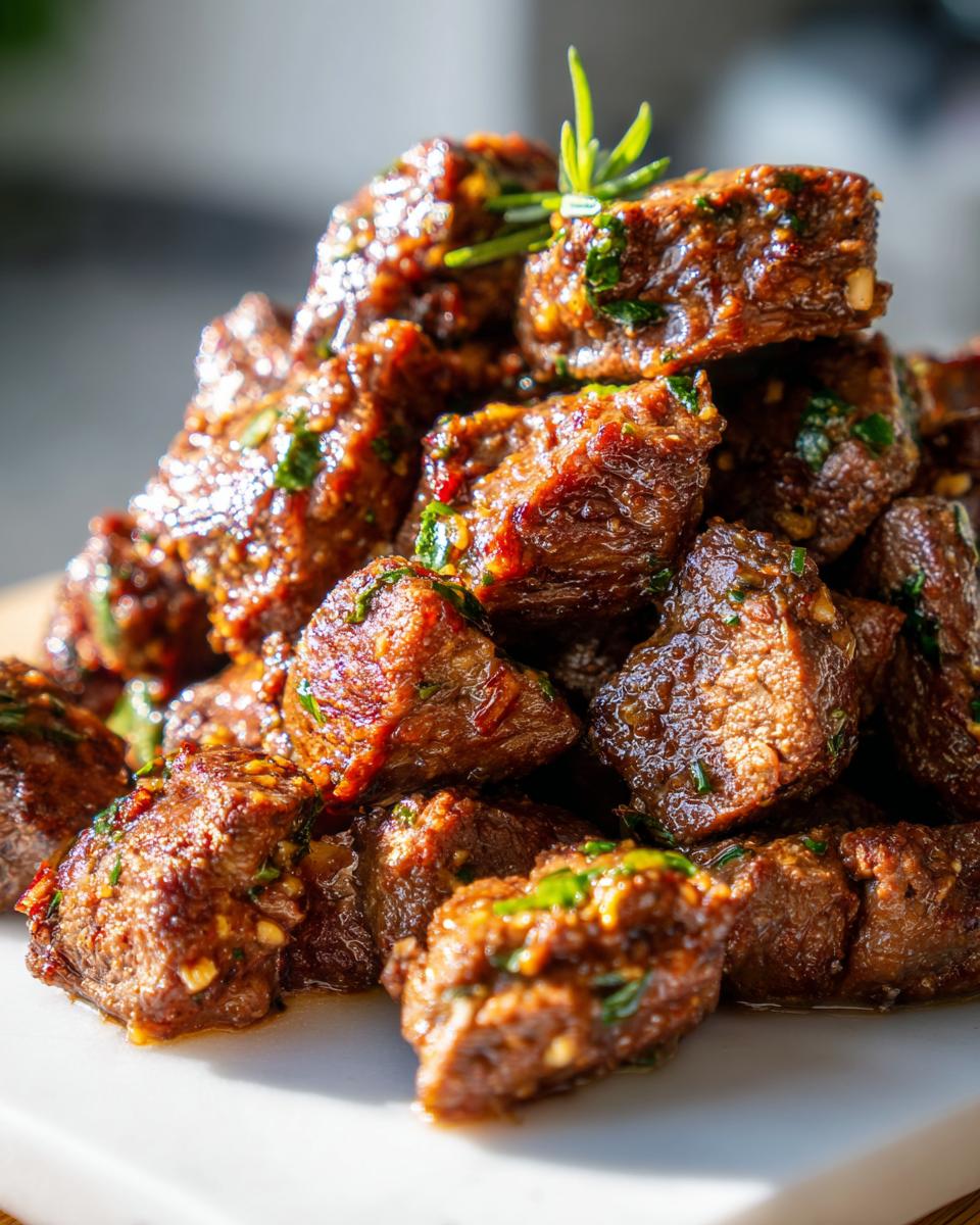 A pile of tender High Protein Slow Cooker Garlic Butter Beef Bites, seasoned with herbs and spices.