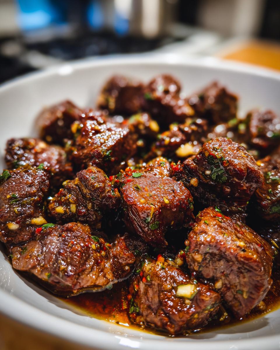 Close-up of tender High Protein Slow Cooker Garlic Butter Beef Bites coated in a glossy sauce with herbs and chili flakes.