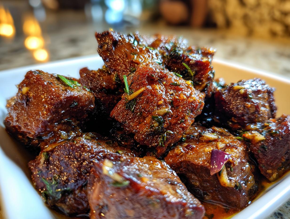 Close-up of tender High Protein Slow Cooker Garlic Butter Beef Bites coated in a glossy sauce with herbs.