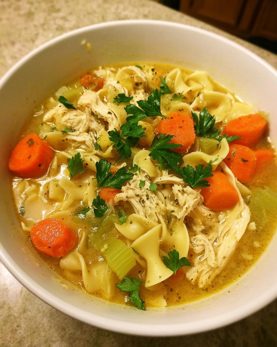 A comforting bowl of homemade chicken noodle soup with wide egg noodles, shredded chicken, carrots, celery, and parsley.