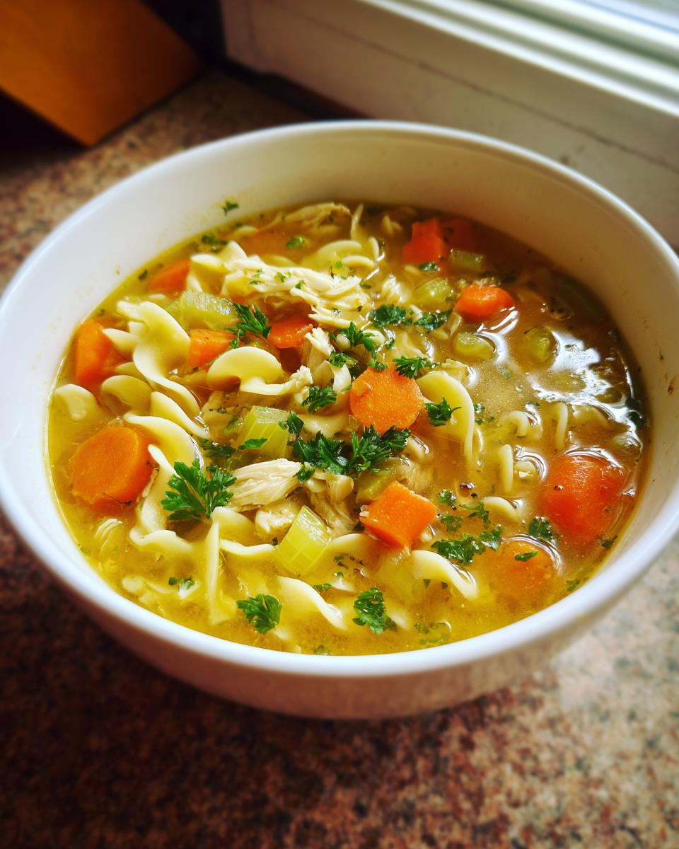 A comforting bowl of homemade chicken noodle soup with noodles, carrots, celery, and parsley.