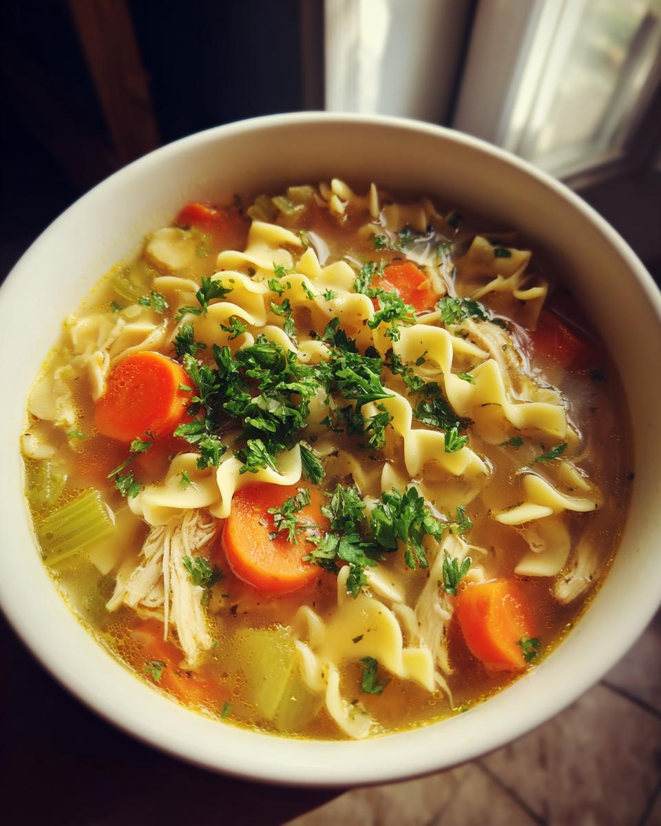 A comforting bowl of homemade chicken noodle soup with wide egg noodles, shredded chicken, carrots, and celery, garnished with fresh parsley.
