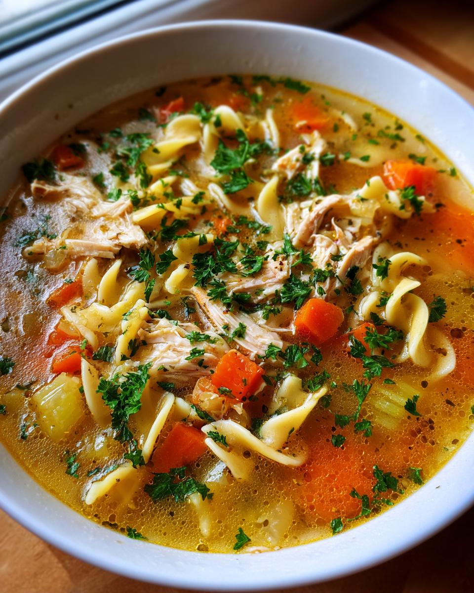 Close-up of a steaming bowl of homemade chicken noodle soup with shredded chicken, egg noodles, carrots, and parsley.