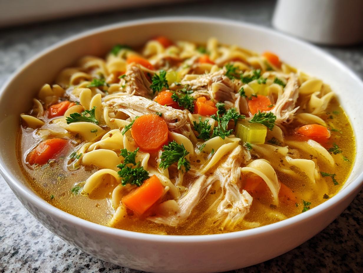 A close-up of a bowl of homemade chicken noodle soup, featuring noodles, shredded chicken, carrots, celery, and parsley.