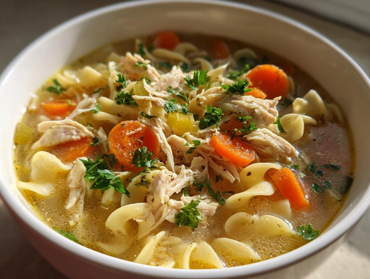 A close-up of a bowl of homemade chicken noodle soup, featuring shredded chicken, egg noodles, carrots, and parsley.