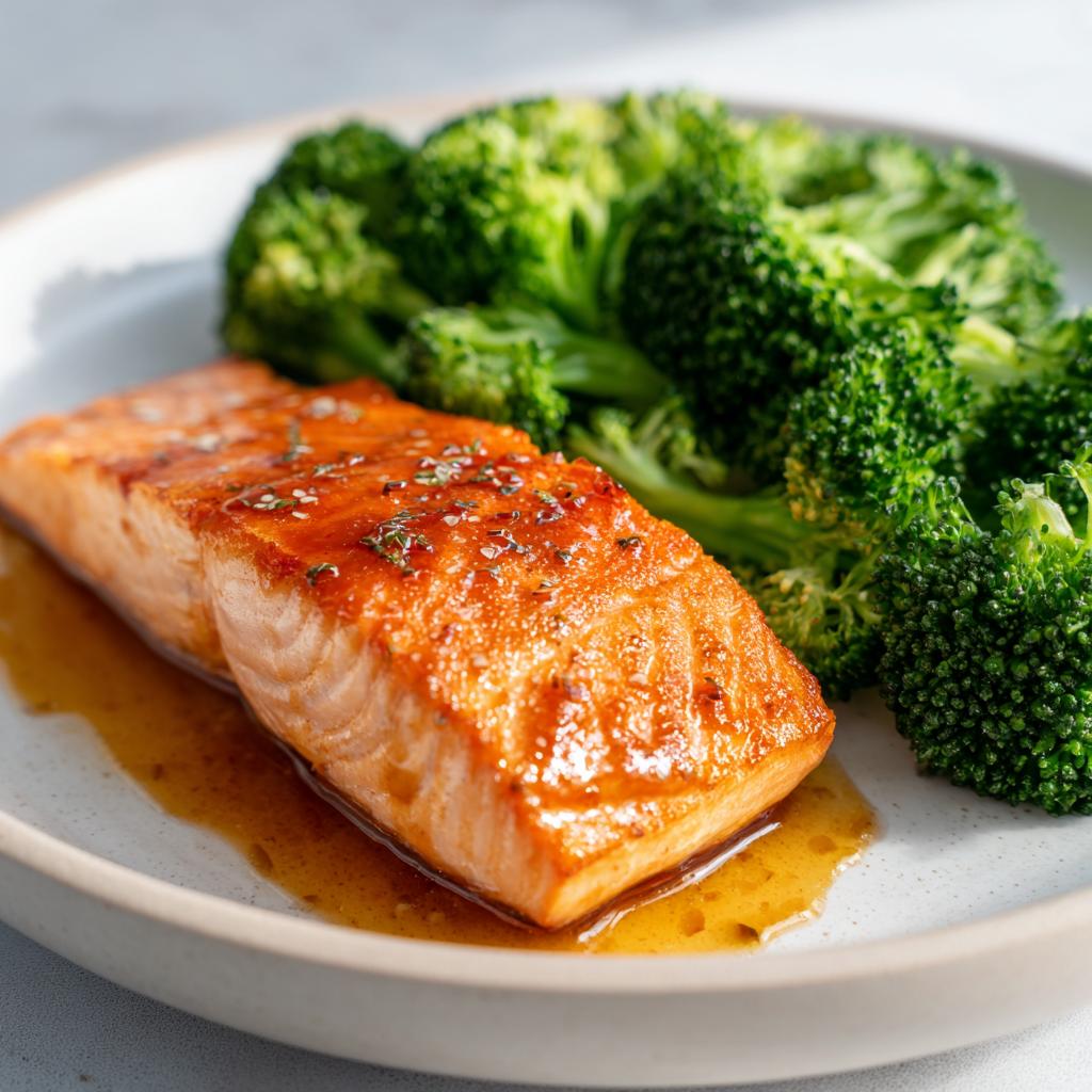A glistening fillet of honey garlic salmon served with vibrant green broccoli florets, perfect for easy dinner recipes.