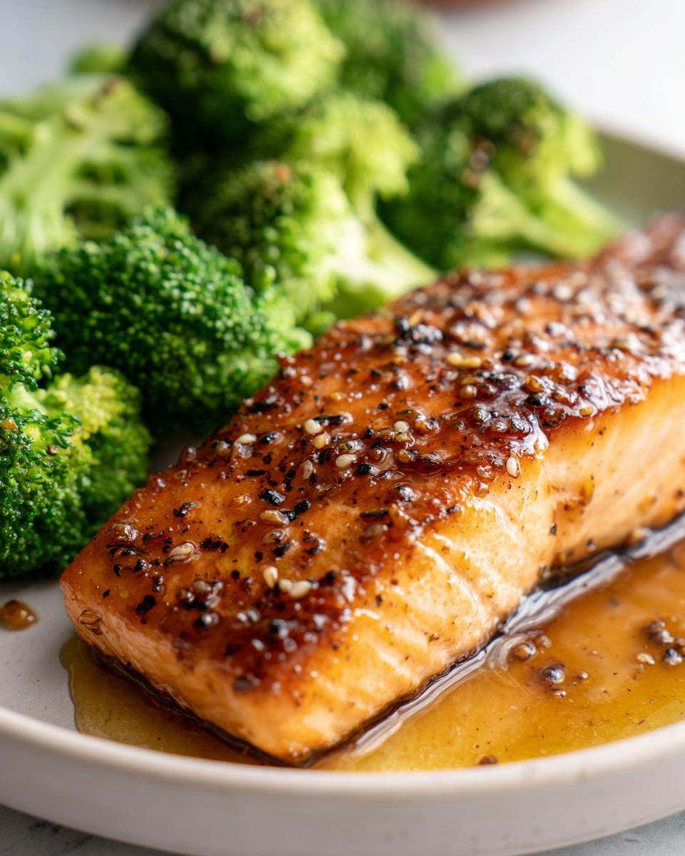 A glistening fillet of honey garlic salmon served with steamed broccoli florets, showcasing an easy dinner recipe.