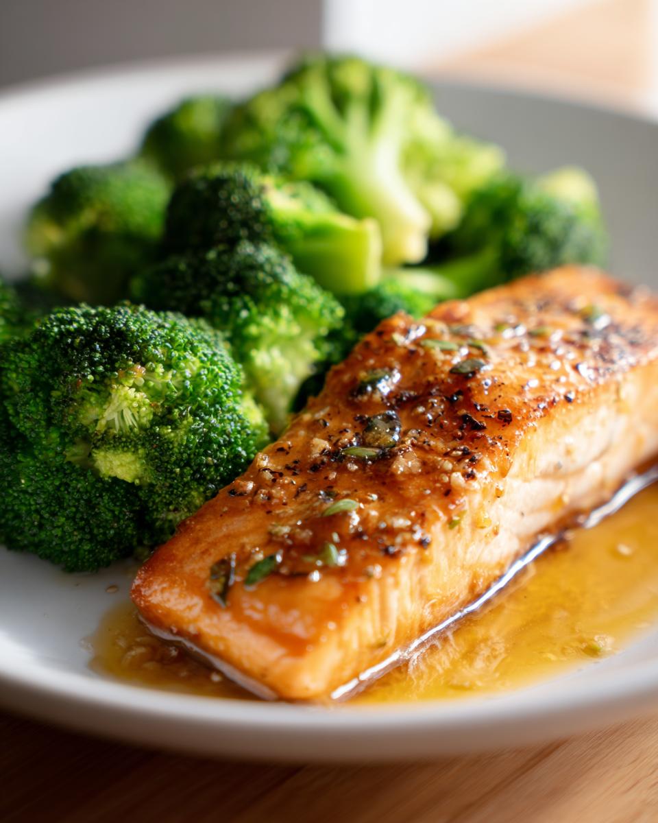 A close-up of a perfectly cooked salmon fillet glazed with honey garlic sauce, served alongside vibrant steamed broccoli florets.