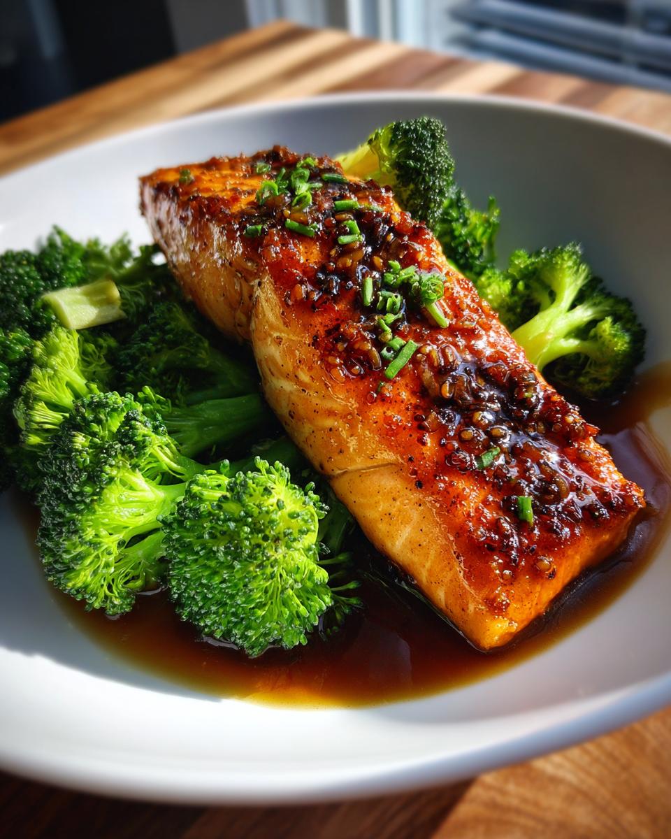 A perfectly cooked fillet of honey garlic salmon served with vibrant steamed broccoli, a delicious and easy dinner recipe.