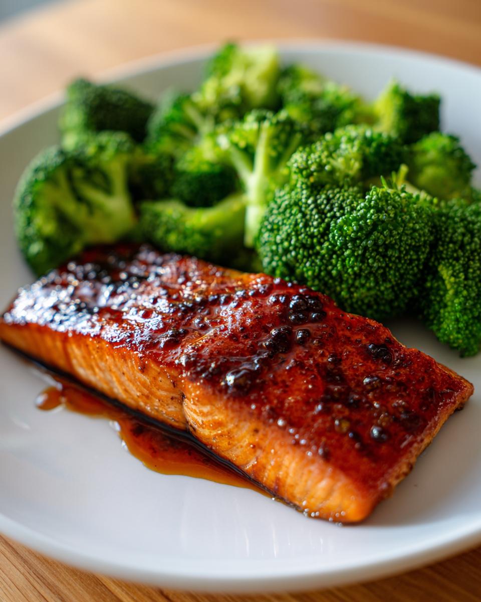 A close-up of a perfectly cooked salmon fillet glazed with honey garlic sauce, served with steamed broccoli. Easy dinner recipe.