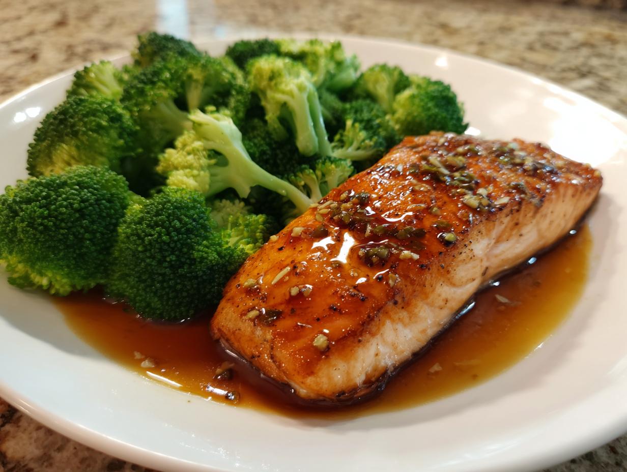 A perfectly cooked fillet of honey garlic salmon served with steamed broccoli, a delicious and easy dinner recipe.