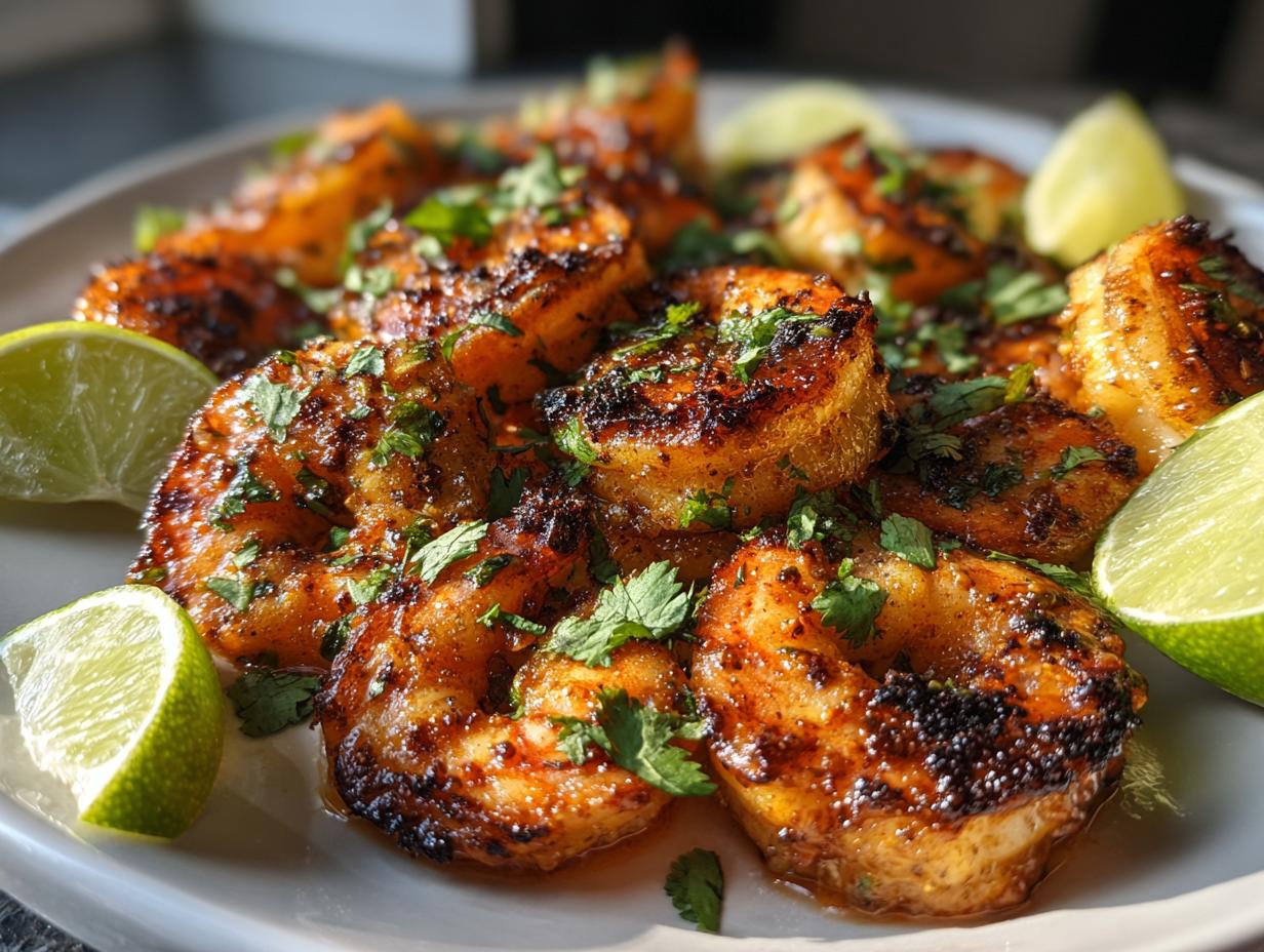Close-up of grilled honey lime shrimp garnished with fresh cilantro and lime wedges.