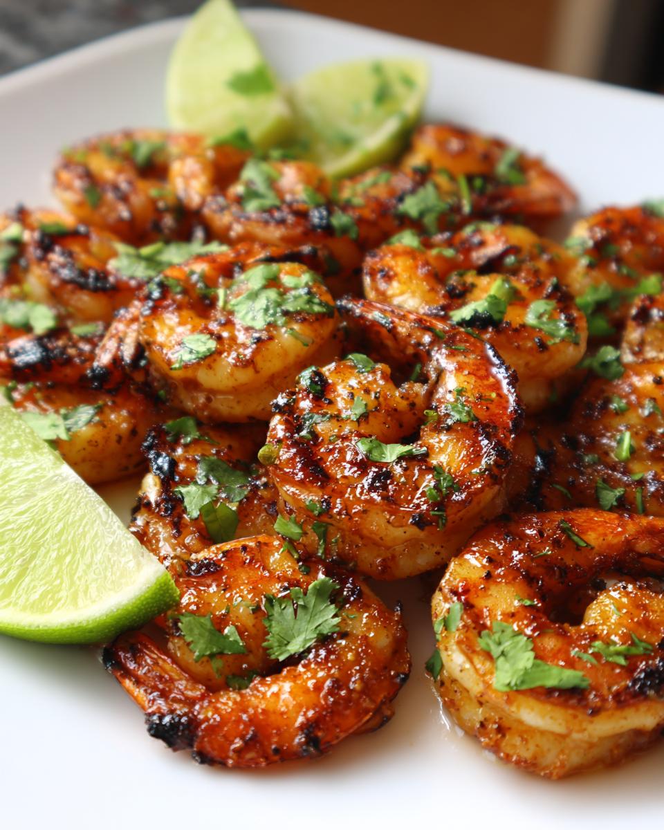 Close-up of grilled honey lime shrimp garnished with cilantro and lime wedges, perfect for fast cookouts.