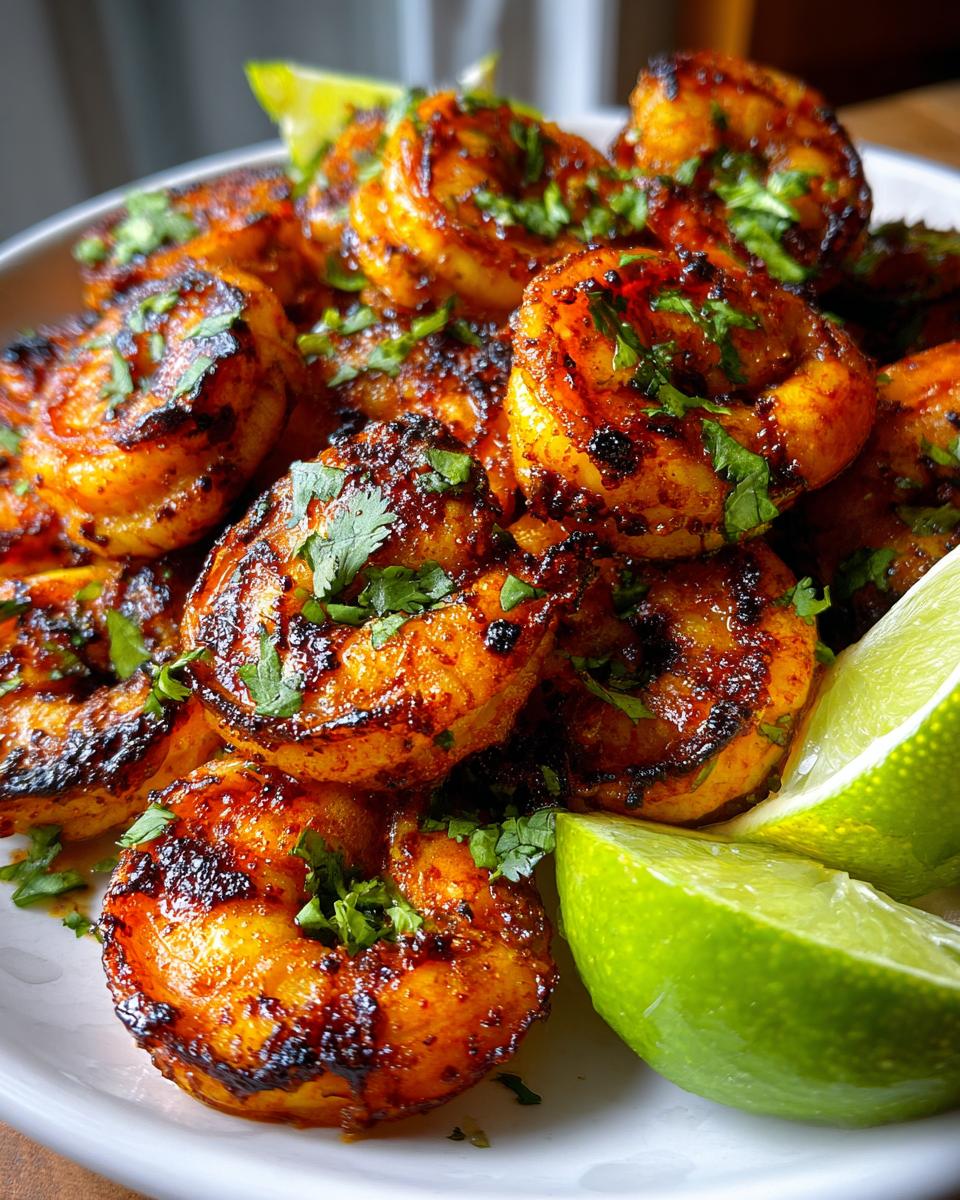 Close-up of grilled honey lime shrimp, seasoned and garnished with fresh cilantro and lime wedges.