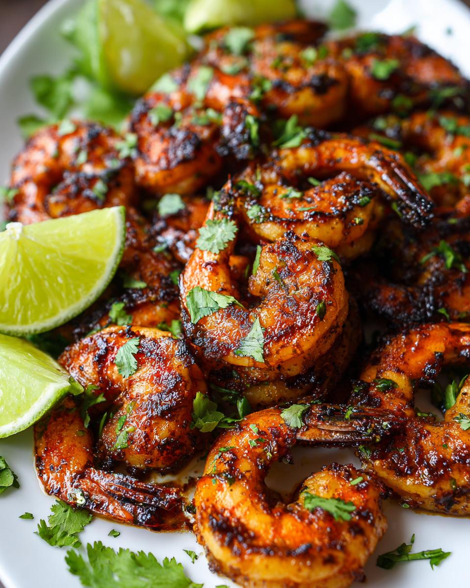 Close-up of perfectly grilled honey lime shrimp, garnished with fresh cilantro and lime wedges.