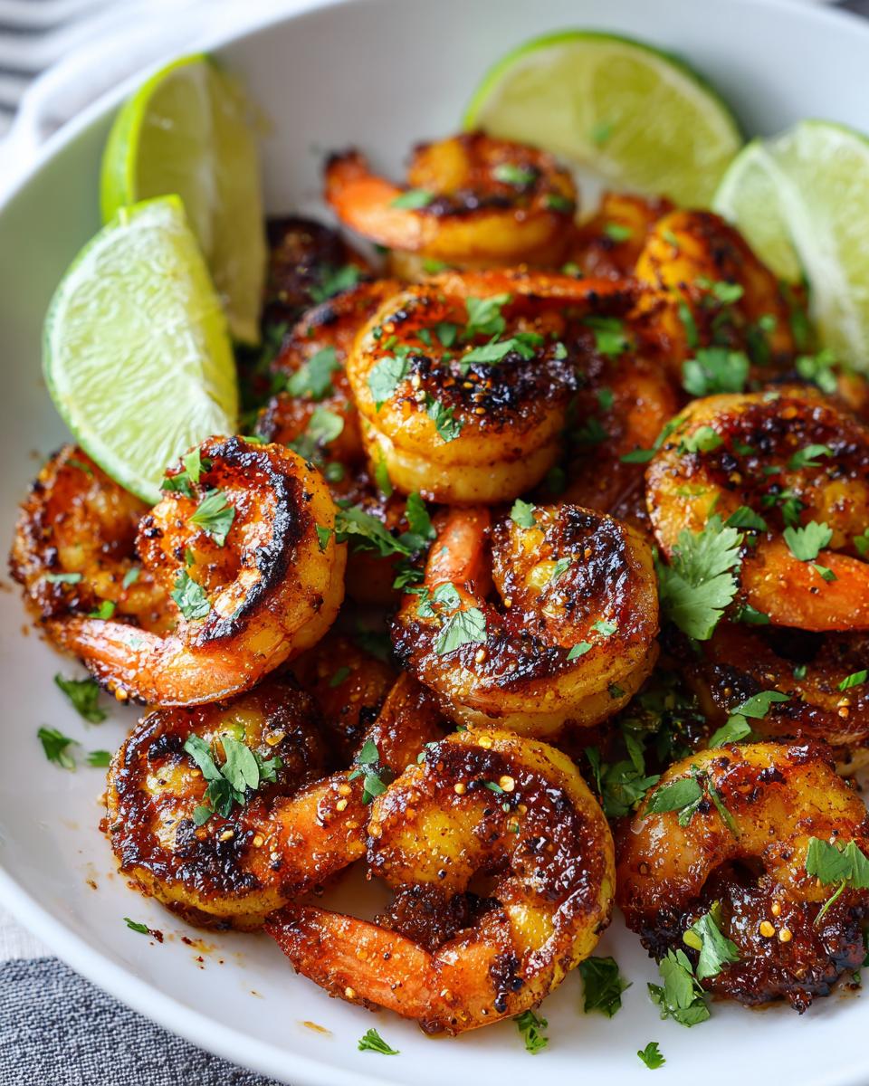 Close-up of grilled honey lime shrimp, garnished with cilantro and lime wedges, perfect for fast cookouts.