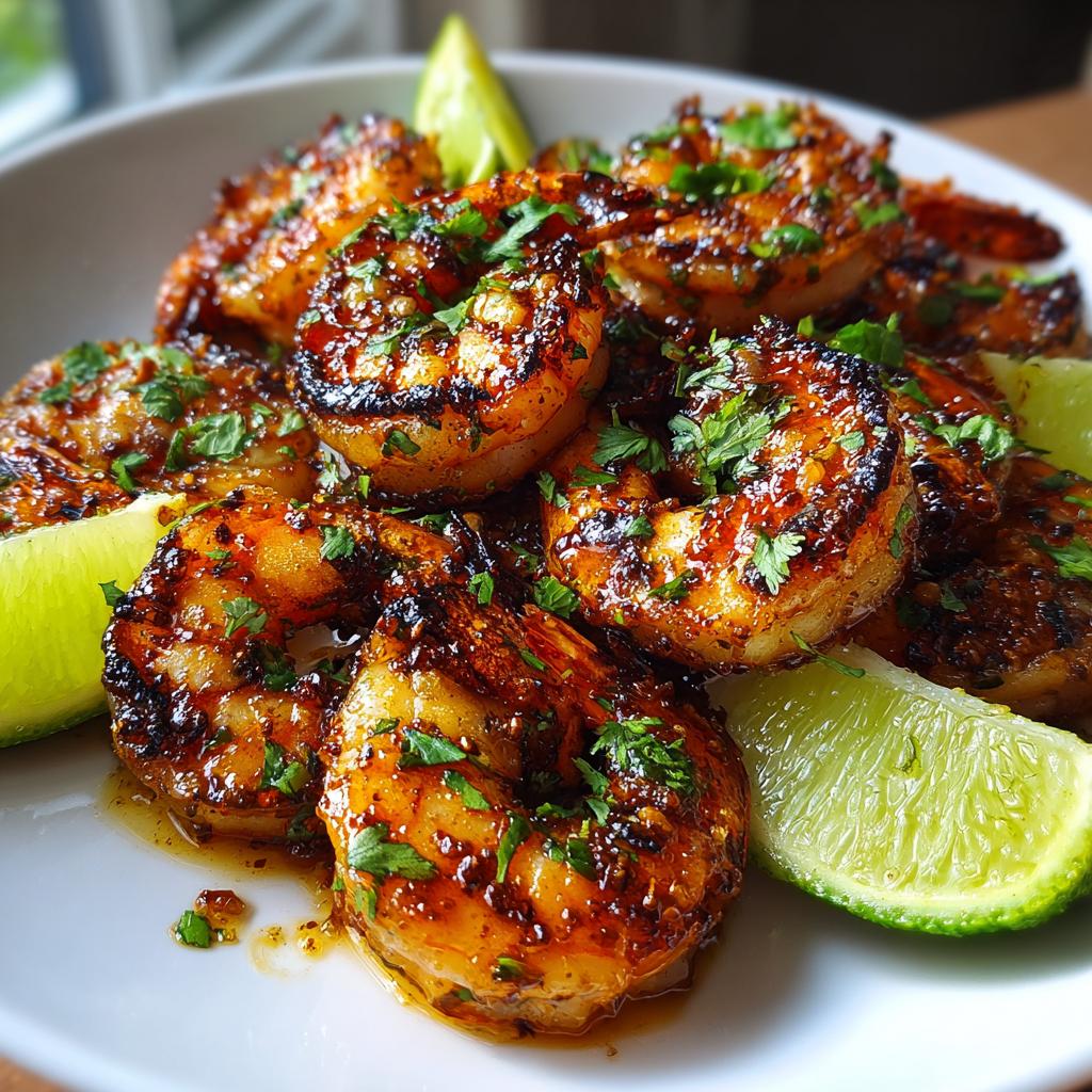 Close-up of juicy grilled honey lime shrimp garnished with fresh cilantro and lime wedges.
