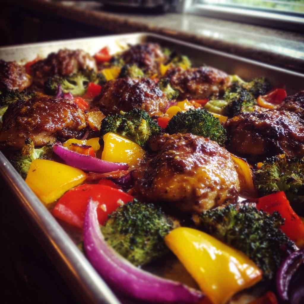 A close-up of honey mustard chicken breast recipes with sheet pan vegetables like broccoli, bell peppers, and red onion.