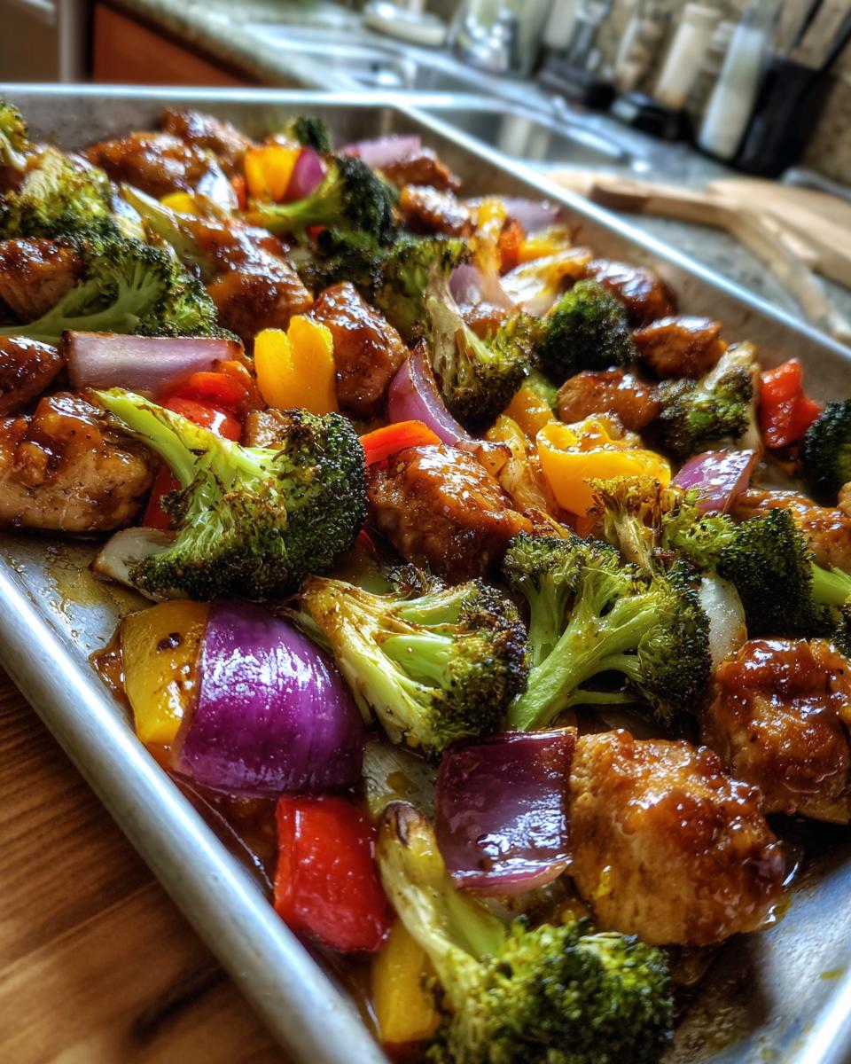 Close-up of honey mustard chicken breast pieces with broccoli, red onion, and bell peppers on a sheet pan.
