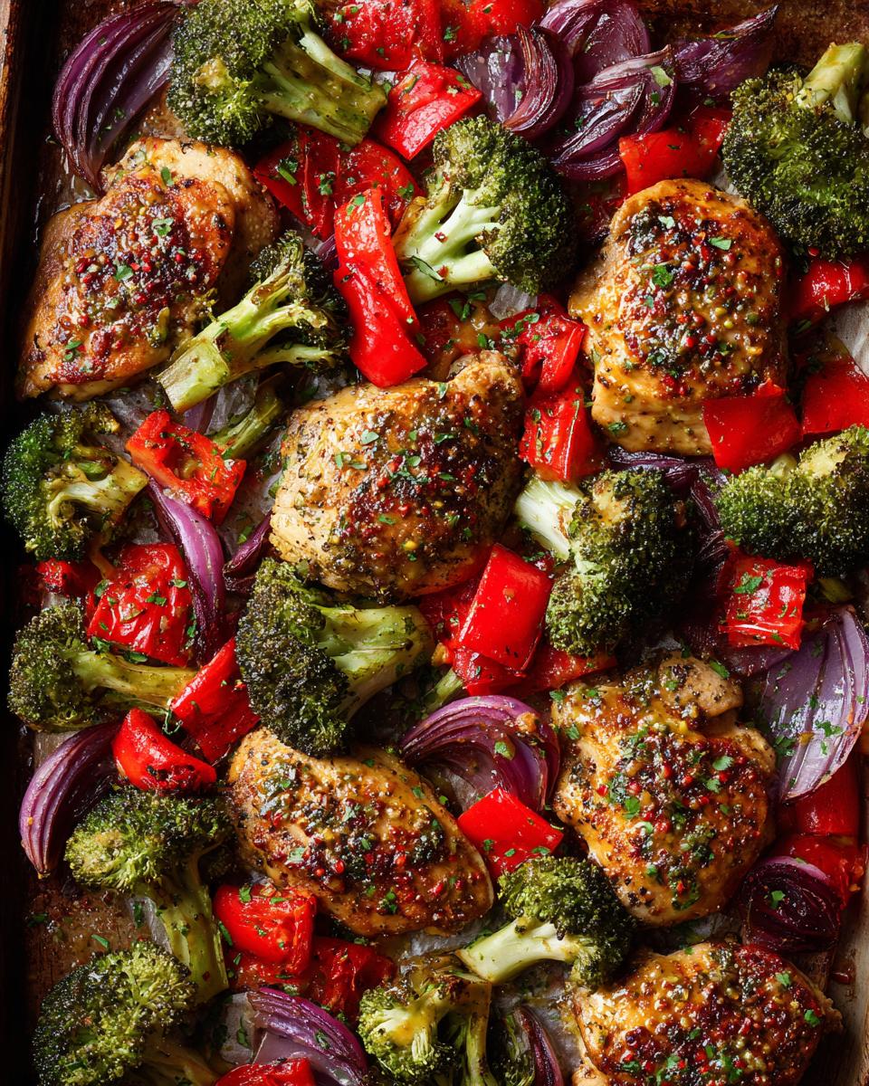 Overhead view of honey mustard chicken breast recipes with sheet pan vegetables including broccoli, red bell peppers, and red onion.
